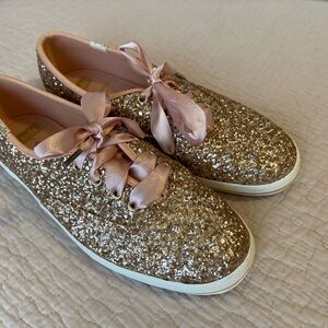 Glittery Gold Sneakers with Pink Accents
